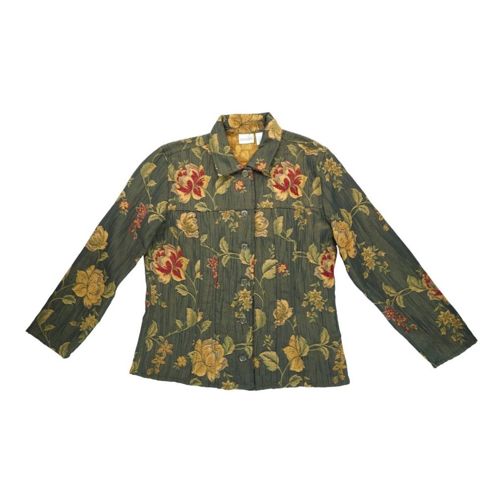 Vintage Chicos 1 Women's Jacket Button Floral Green Long Sleeve Embroidered